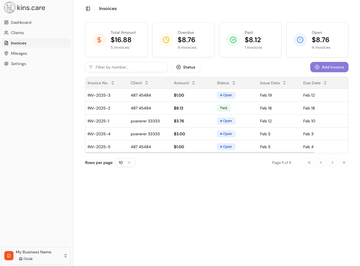 The Kins invoices dashboard.